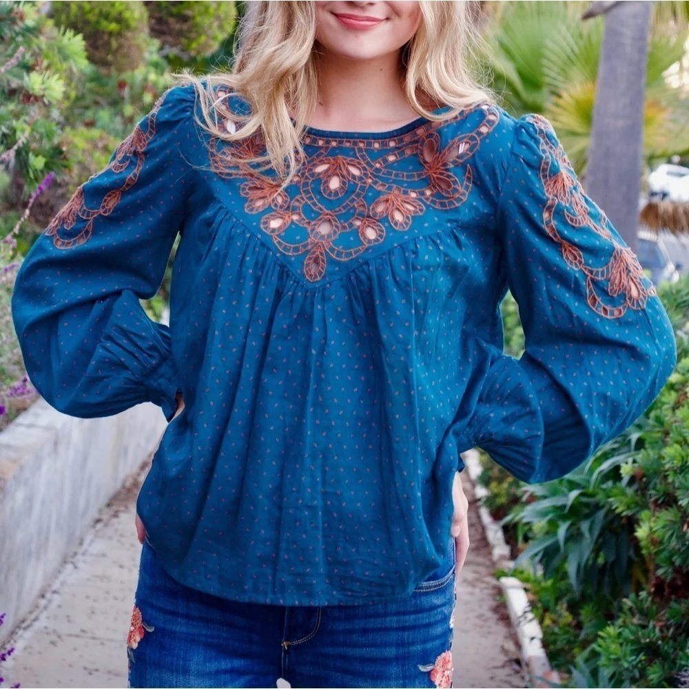 Free People Teal Cutout Long Sleeves Everything I Know Cotton Embroidered Top